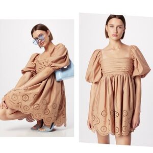 Abercrombie & Fitch Emerson Caramel Puff Sleeve Eyelet Trim Mini Dress